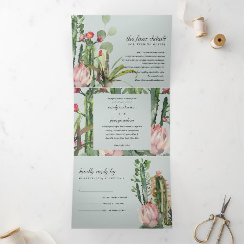 GREY PINK FLORAL CACTI FOLIAGE WATERCOLOR WEDDING Tri_Fold INVITATION