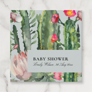 GREY PINK FLORAL DESERT CACTI FOLIAGE BABY SHOWER FAVOR TAGS