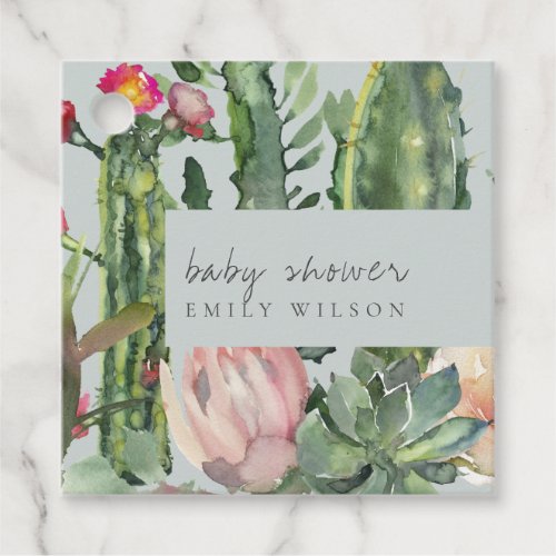 GREY PINK FLORAL DESERT CACTI FOLIAGE BABY SHOWER FAVOR TAGS