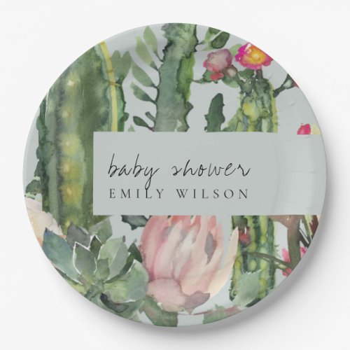 GREY PINK FLORAL DESERT CACTI FOLIAGE  BABY SHOWER PAPER PLATES