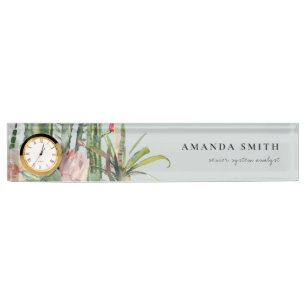 GREY PINK FLORAL DESERT CACTI FOLIAGE WATERCOLOR DESK NAME PLATE