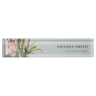 GREY PINK FLORAL DESERT CACTI FOLIAGE WATERCOLOR DESK NAME PLATE