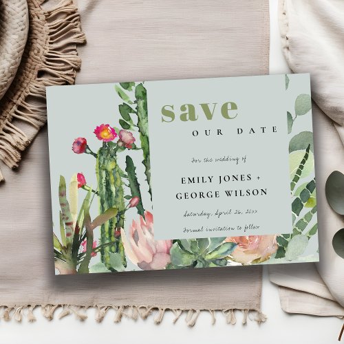 GREY PINK FLORAL DESERT CACTI FOLIAGE WATERCOLOR SAVE THE DATE