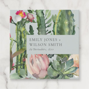 GREY PINK FLORAL DESERT CACTI FOLIAGE WEDDING FAVOR TAGS