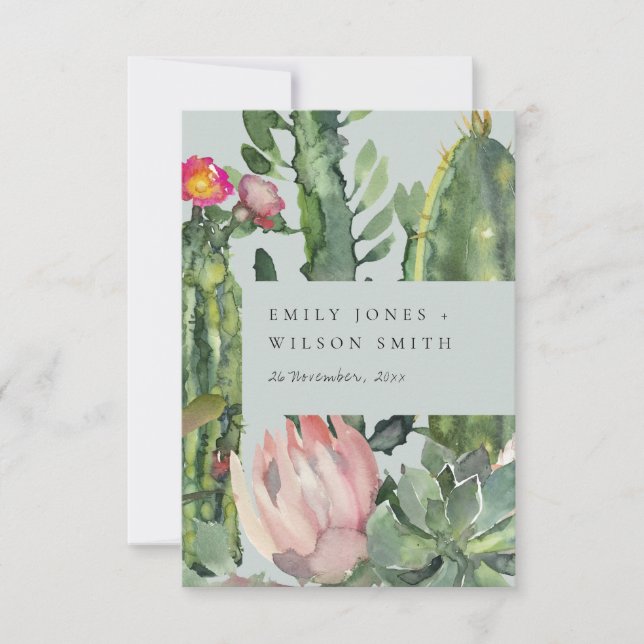 Grey Pink Floral Desert Cacti Foliage Wedding Invitation (Front)
