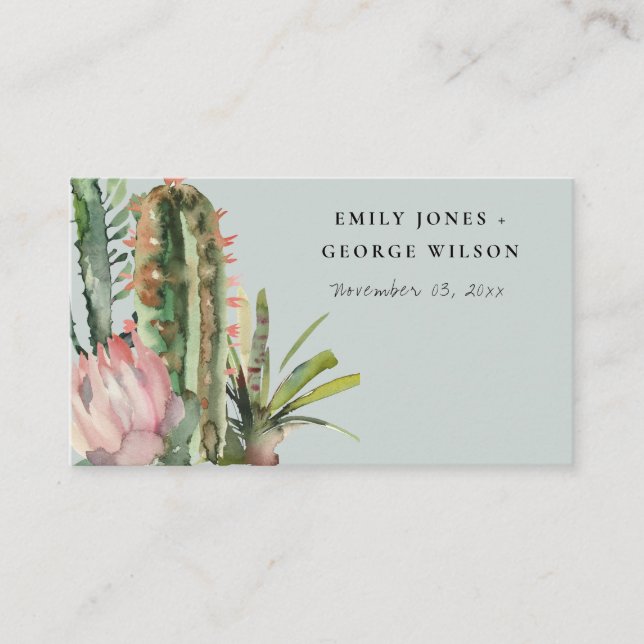 GREY PINK FLORAL DESERT CACTI WEDDING PLACE CARD (Front)