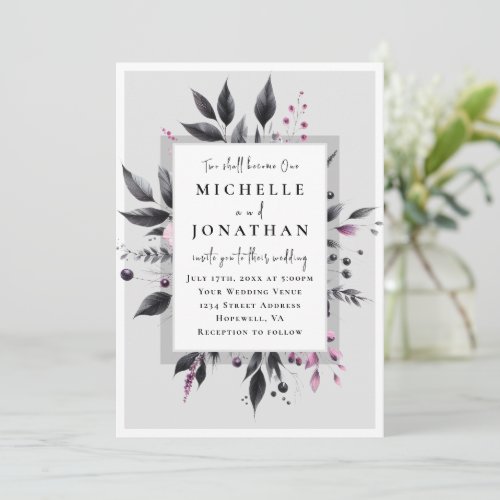 Grey Pink Floral Modern Frame Bible Verse Wedding Invitation