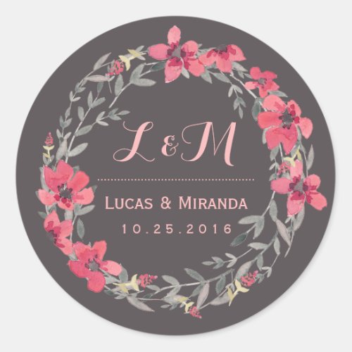 Grey Pink Floral Wreath Wedding Favor Sticker