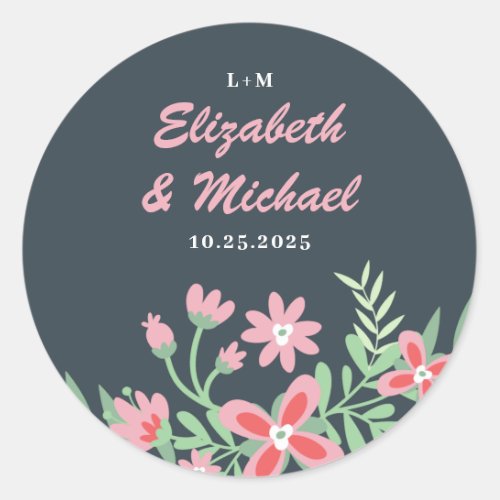 Grey Pink Flower Swirl Frame Spring Floral Wedding Classic Round Sticker