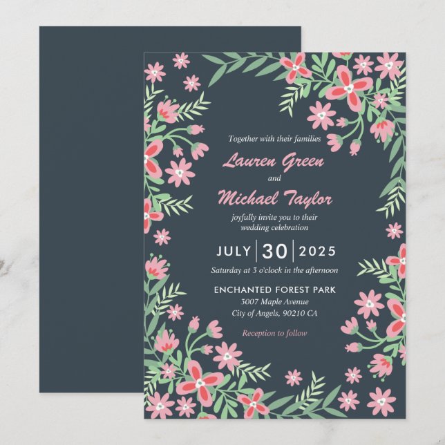 Grey Pink Flower Swirl Frame Spring Floral Wedding Invitation (Front/Back)