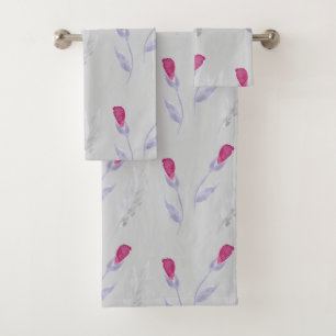 Grey Pink Flowers Bath Towel Set