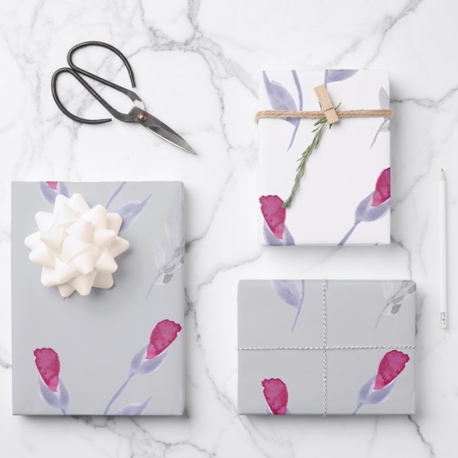 Grey Pink Flowers Birthday Wrapping Paper Sheets (Front)