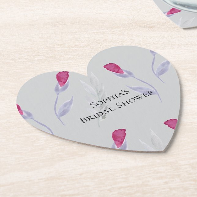 Grey Pink Flowers Bridal Shower Paper Coaster (Angled)