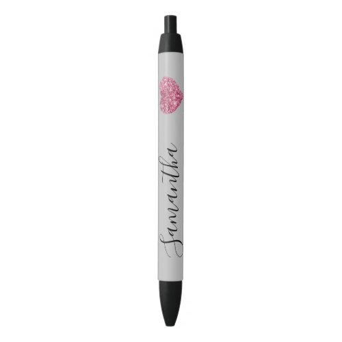 Grey Pink Glitter Heart Personalized Name Black Ink Pen