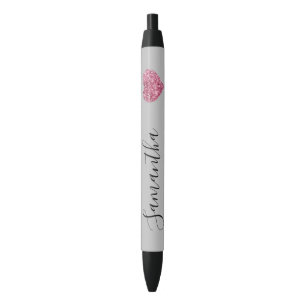 Grey Pink Glitter Heart Personalized Name Pen
