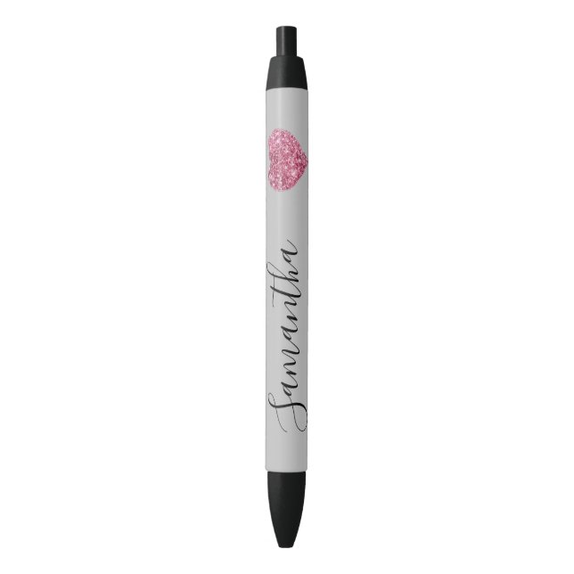 Grey Pink Glitter Heart Personalized Name Pen (Front Vertical)