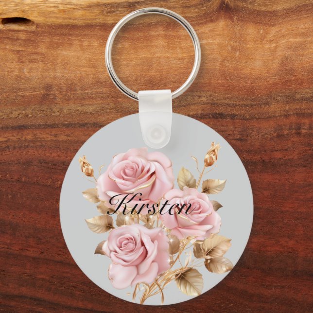 Grey Pink Gold Rose Floral Keychain (Front)