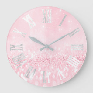 Grey Pink Gray Silver Glitter Metal Roman Numers Large Clock