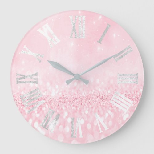 Grey Pink Gray Silver Glitter Metal Roman Numers Large Clock