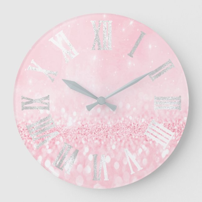 Grey Pink Gray Silver Glitter Metal Roman Numers Large Clock (Front)