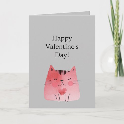 Grey Pink Heart Cat Card
