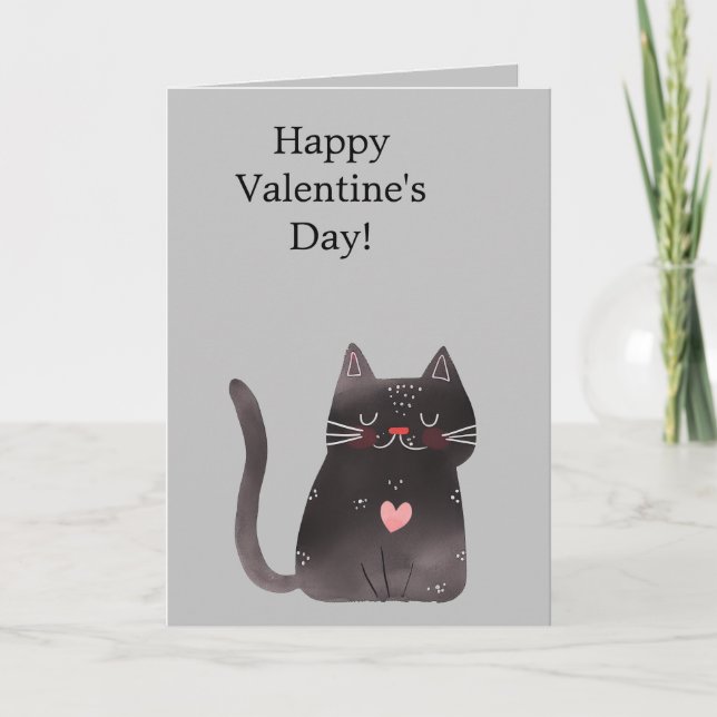 Grey Pink Heart Cat Card (Front)