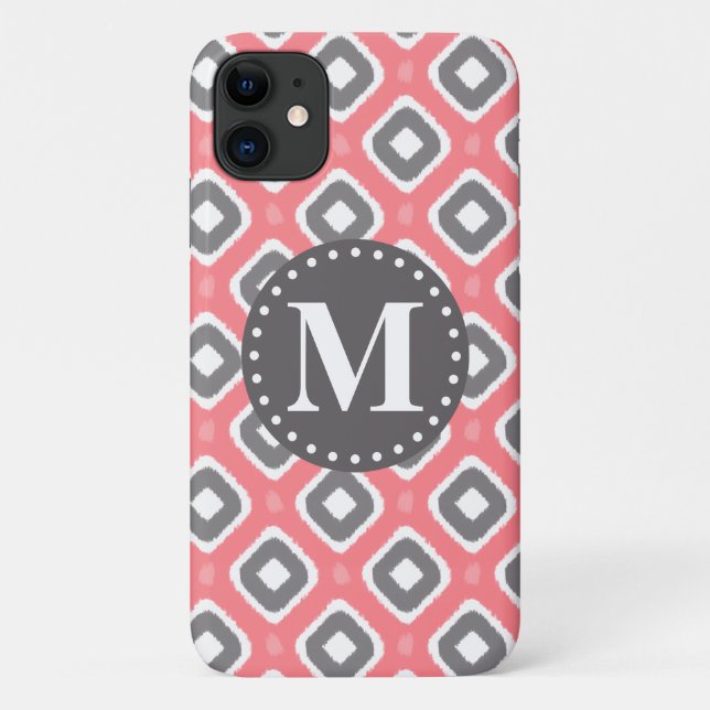 Grey Pink Ikat Mod Pattern with Monogram Case-Mate iPhone Case (Back)