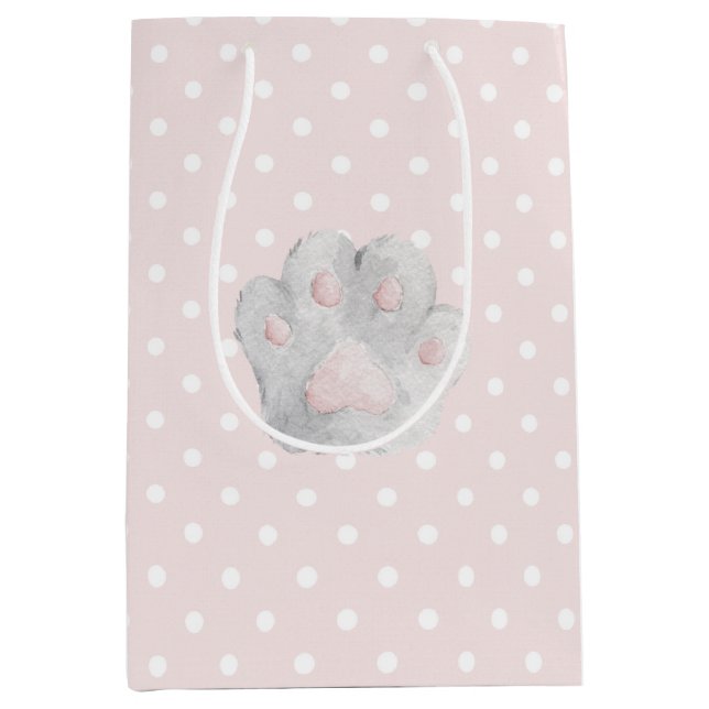 Grey Pink Kitty Cat Paws Birthday Medium Gift Bag (Front)