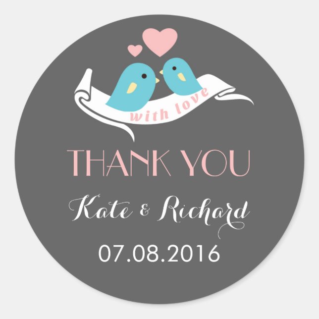 Grey Pink Love Birds Wedding Favor Sticker (Front)