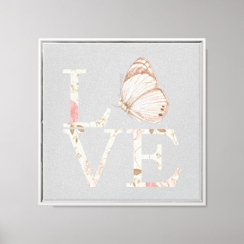 Grey Pink Love Butterfly Floral Canvas Print