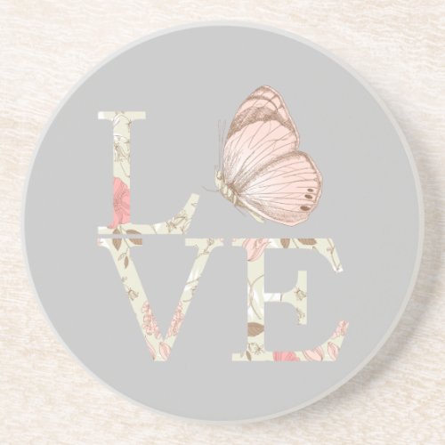 Grey Pink Love Butterfly Floral Coaster