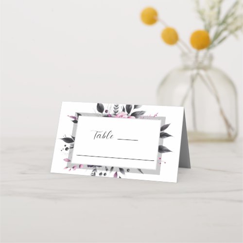 Grey Pink Modern Floral Frame Design Wedding  Place Card
