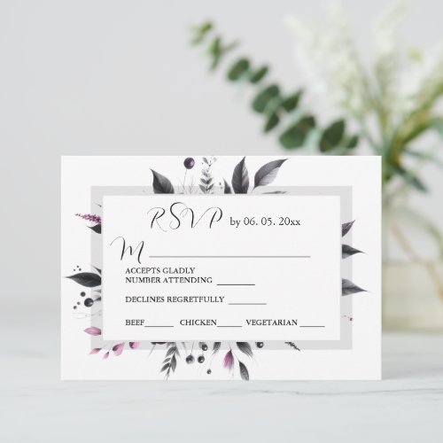 Grey Pink Modern Floral Frame Design Wedding RSVP Card