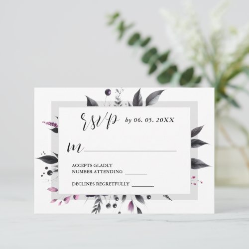 Grey Pink Modern Floral Frame Design Wedding RSVP Card