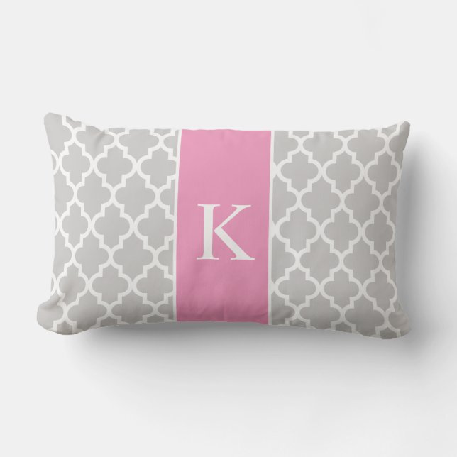 Grey Pink Moroccan Custom Monogram Lumbar Pillow (Front)