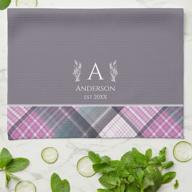 Grey & Pink Plaid Personal Custom Name Monogram Kitchen Towel (Folded)