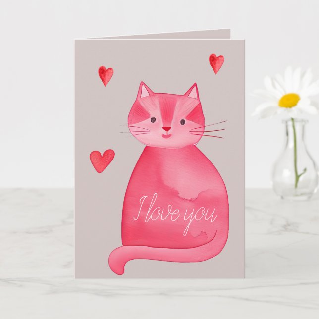 Grey Pink Red Cat Hearts Love You  Card (Small Plant)