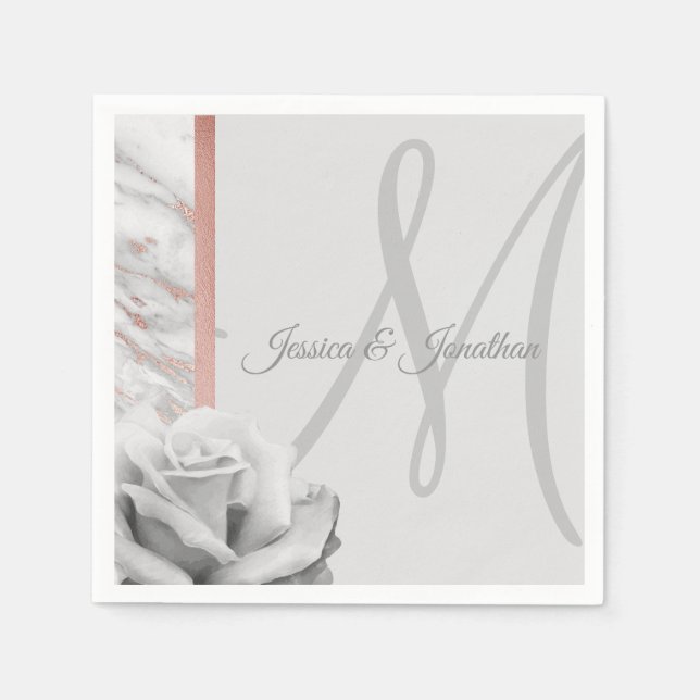 Grey & Pink Rose Gold Foil Marble Wedding Napkins (Front)