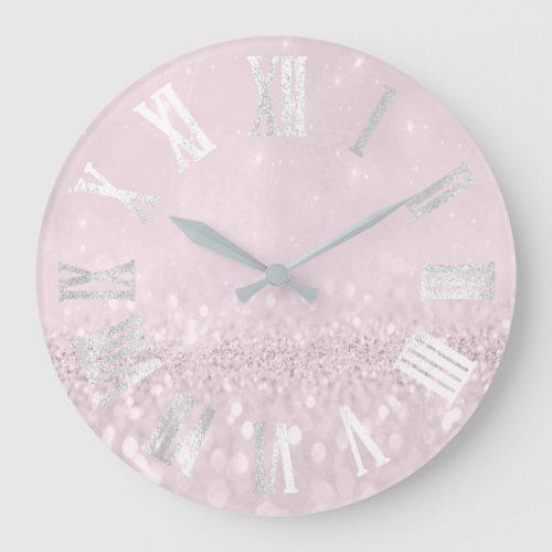 Grey Pink Silver Glitter Metal Roman Numers Large Clock