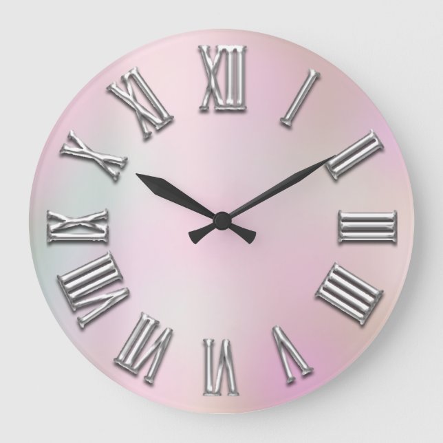 Grey. Pink Silver Roman Number Holographic Large Clock (Front)