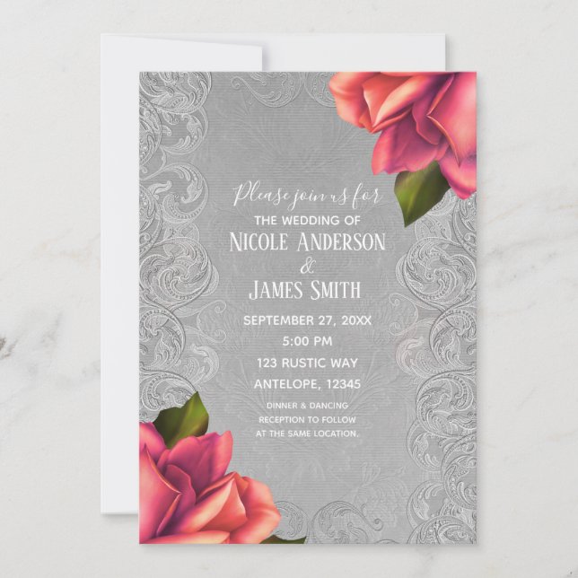 Grey & Pink Vintage Antique Rose Elegant Wedding Invitation (Front)