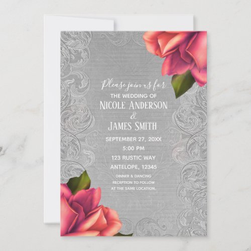 Grey  Pink Vintage Antique Rose Elegant Wedding Invitation