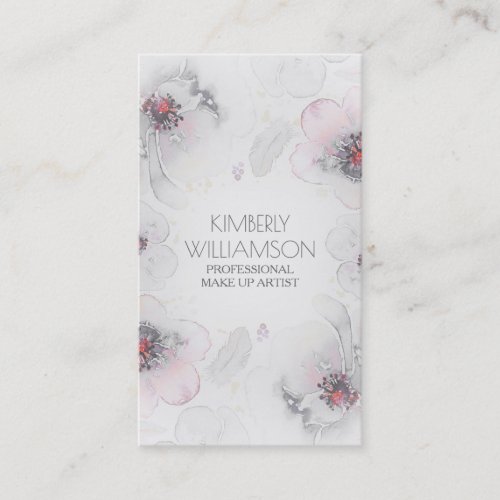 Grey Pink Watercolor Floral Boho Feather Wreath Business Card - Dusty grey and soft pink pastel watercolor flowers and feathers bohemian beauty business cards