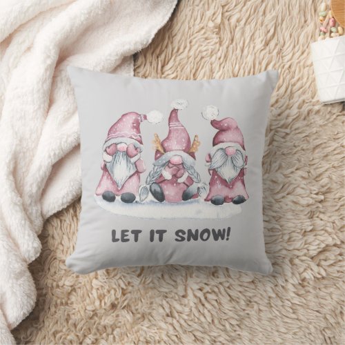 Grey Pink Watercolor Scandinavian Christmas Gnome Throw Pillow