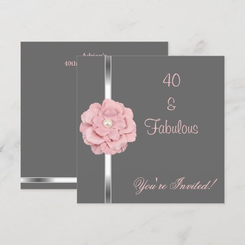 Grey Pink White Pearl Flower Fabulous 40th Party Custom Invitations