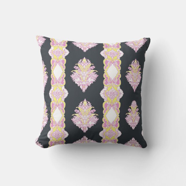 Grey, Pink, Yellow Design Reversible Throw Pillow (Front)