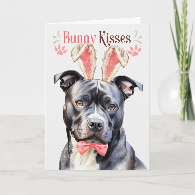 Grey Pit Bull Dog in Bunny Ears for Easter Holiday Card (Front)