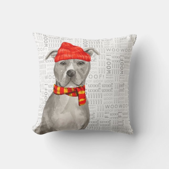 Grey Pit Bull Terrier Watercolor Christmas Throw Pillow (Front)