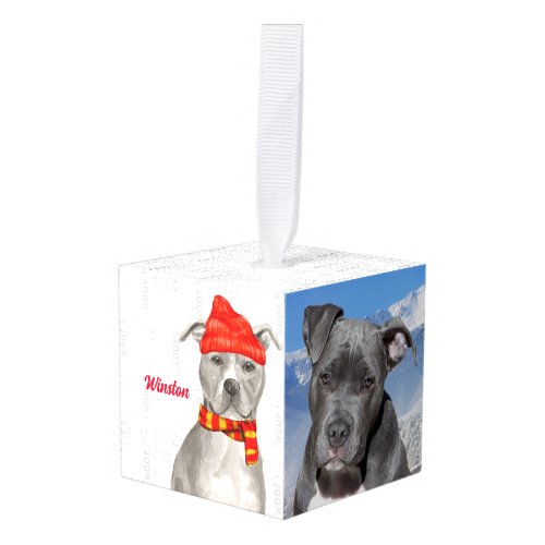 Grey Pit Bull Two Photo and Name Christmas Cube Or Cube Ornament