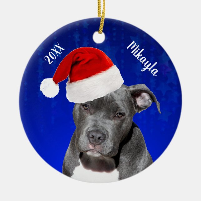 Grey Pit Bull with Santa Hat Christmas Ceramic Orn Ceramic Ornament (Front)